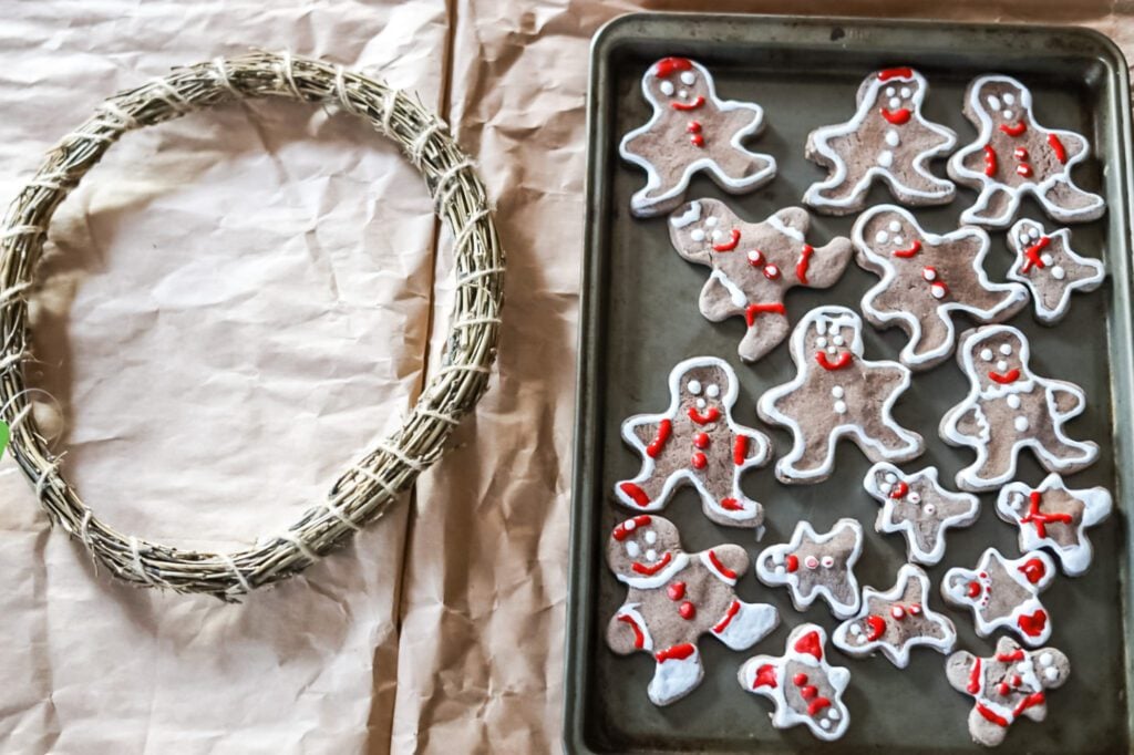 supplies for a gingerbread salt dough wreath