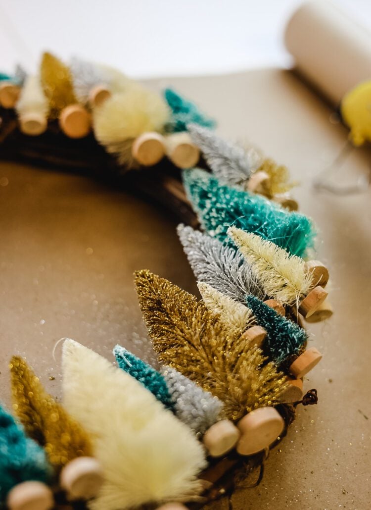 close up of a bottle brush wreath diy