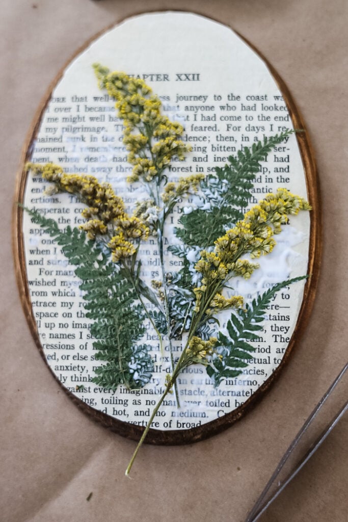 pressed flower plaque with yellow flowers