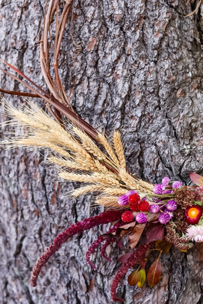 wheat and amaranth on a wreath hanging on a ree