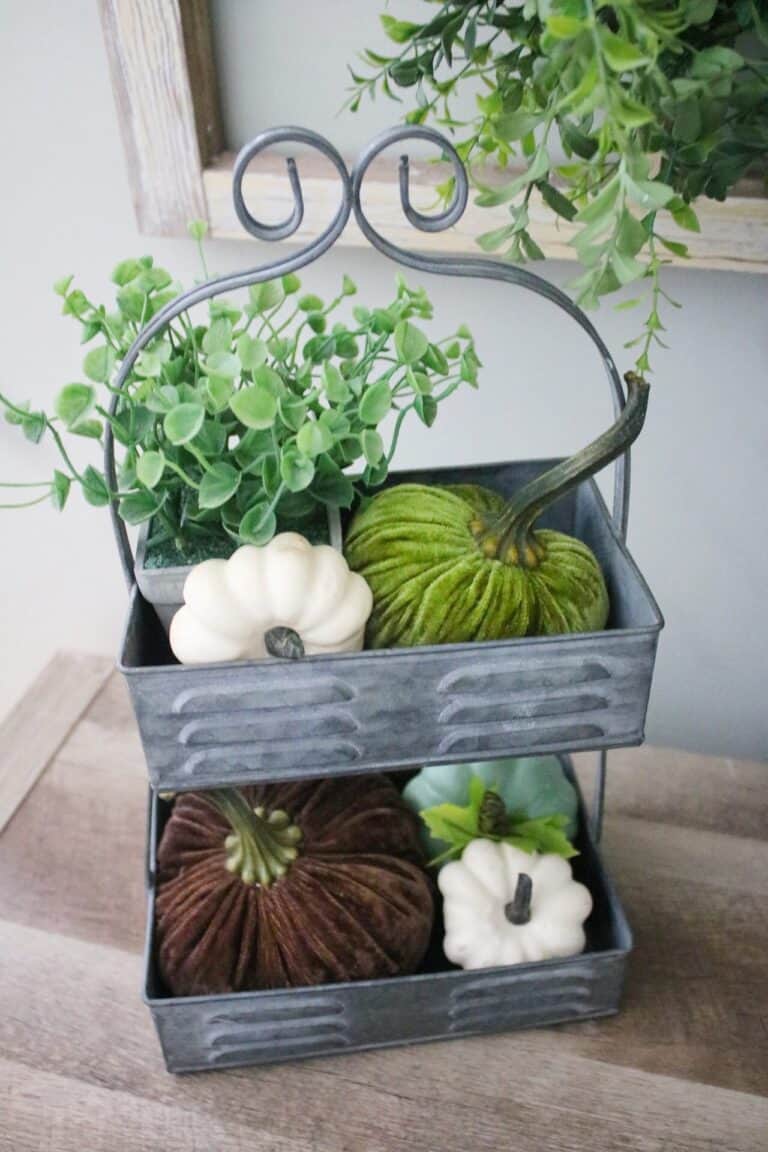 velvet pumpkins in tiered stands