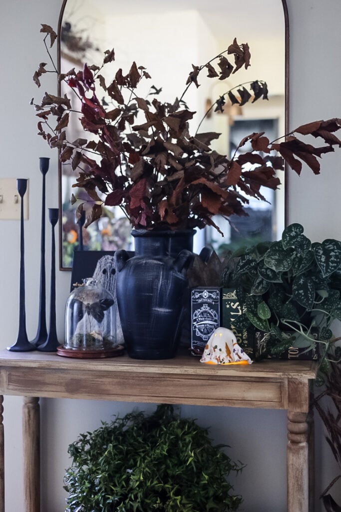 entryway table decorated for Fall