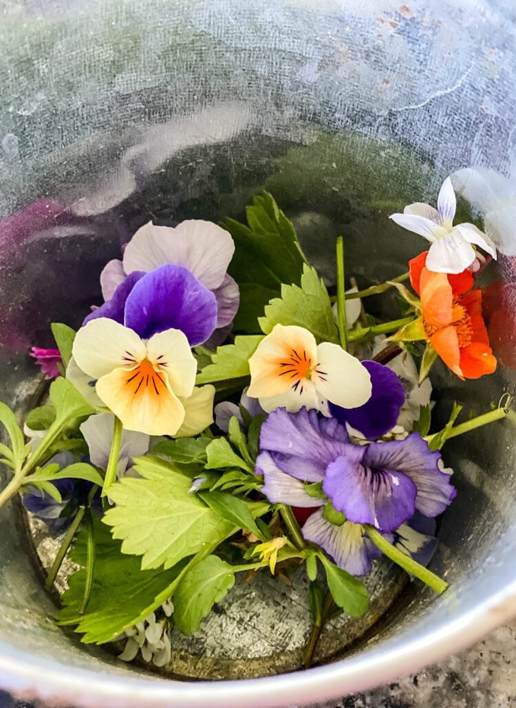 a container filled with spring flowers