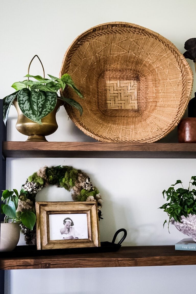 bookcase with baskets and plants