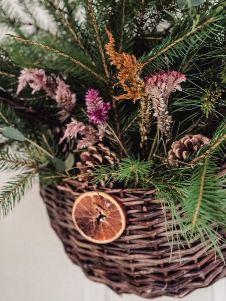 winter door basket with dried flowers