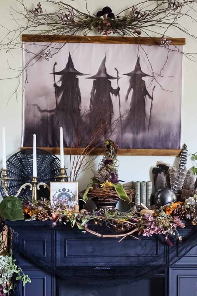 witch themed Fall mantle display